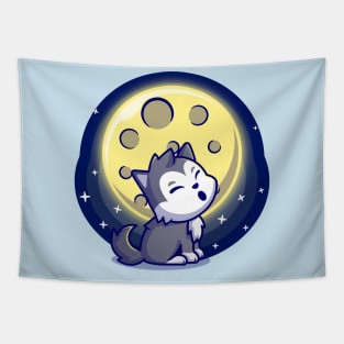 Cute Wolf Roar With Moon Cartoon Tapestry