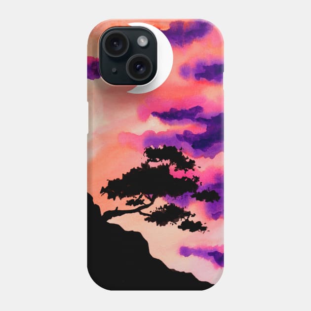 Mountain Tree Sunset and Moon Phone Case by ZeichenbloQ