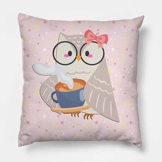 Funny cute owl in pink with coffee and stars Pillow by KK-Royal