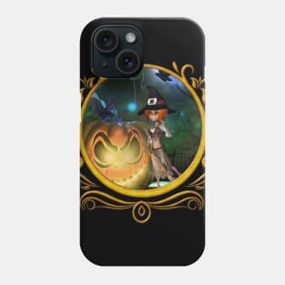 Cute little witch with pumpkin in the night Phone Case