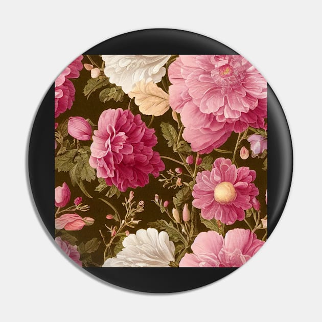 Vintage Floral Light Pink and White Flowers on Olive Green Pin by VintageFlorals