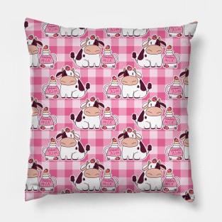 Strawberry Milk Cow Pink Gingham Pattern Pillow