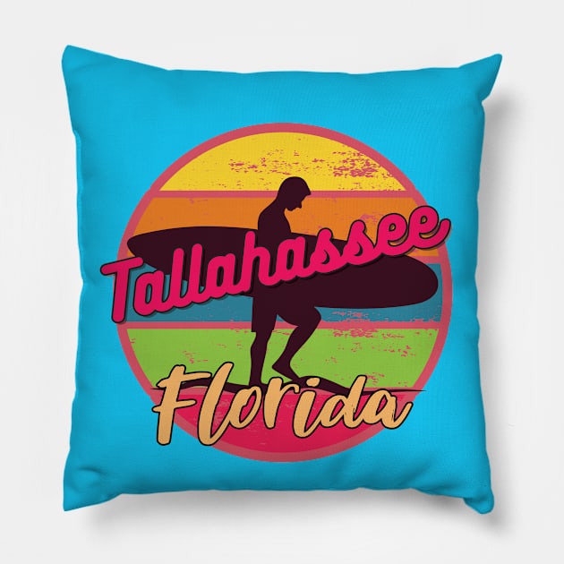 Tallahassee Florida Surfing Retro Sunset Pillow by AdrianaHolmesArt