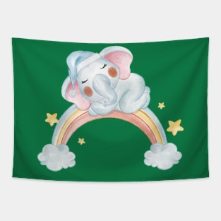 Baby Elephant Sleeping Rainbow Tapestry