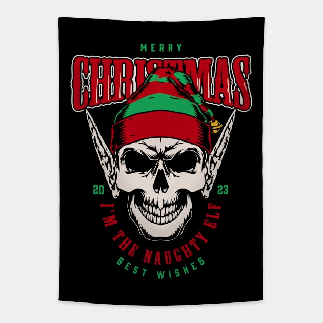 christmas elf skull Tapestry by Supertrooper