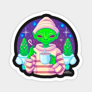 Christmas Funny Alien Drinking Coffee Wearing Sweater Magnet