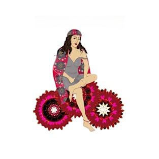 Beautiful gypsy woman on pink flower cart T-Shirt