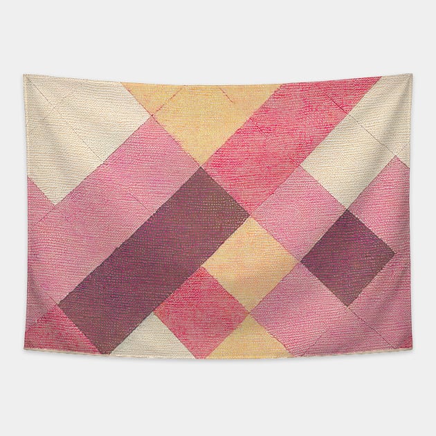 Creamy Vanilla & Pink Stitched Squares Tapestry by Motif Mavens