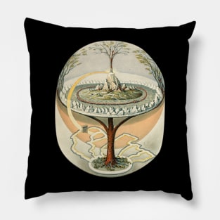 Surreal Collage of a World, Flat Earth, Tree of Life Pillow