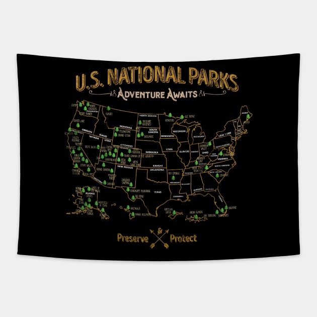 'National Park Map Vintage' Camping Natinonal Park Map Tapestry by ourwackyhome