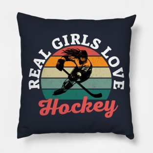 Retro Sunset Real Girls Love Hockey Pillow