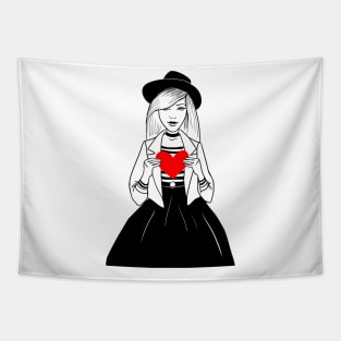 Stylish girl in a hat with big heart Tapestry