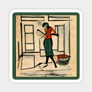 Old fashioned sketch graphic of woman in her house. Magnet