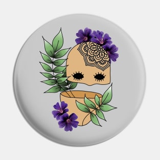 Surreal Plant Person with Realism Flowers and Mandala Tattoo on Bald Head Pin