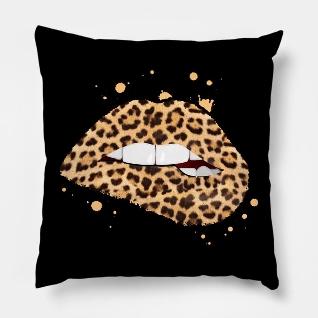 Cool Lips Bite Kiss Me Leopard Print Cheetah Pillow by levitskydelicia