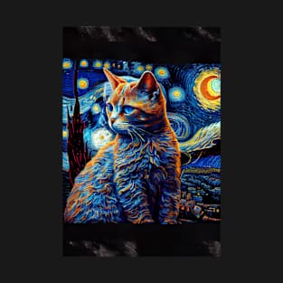 Cool Cat Portrait - Van Gogh The Starry Night Style T-Shirt