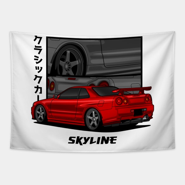 JDM Red Skyline R34 GTR Tapestry by GoldenTuners
