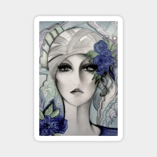 PALE BLUE GREY 70S GIRL IN TURBAN DRAWING Magnet