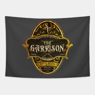 The Garrison Pub Emblem Design Black and Gold Tapestry