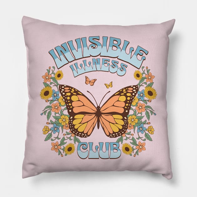 Invisible Illness Club Shirt Funny Chronic Illness Retro Butterfly Pillow by PUFFYP