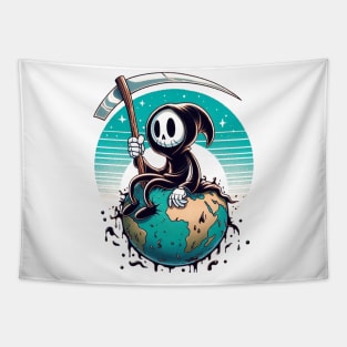 Whimsical Grim Reaper Sitting On Earth Tapestry