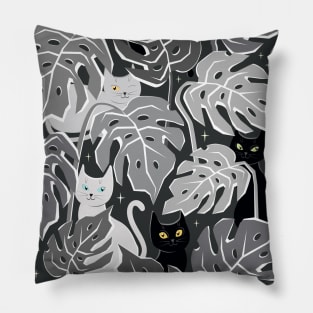 Cats and monstera leaves monochrome Pillow