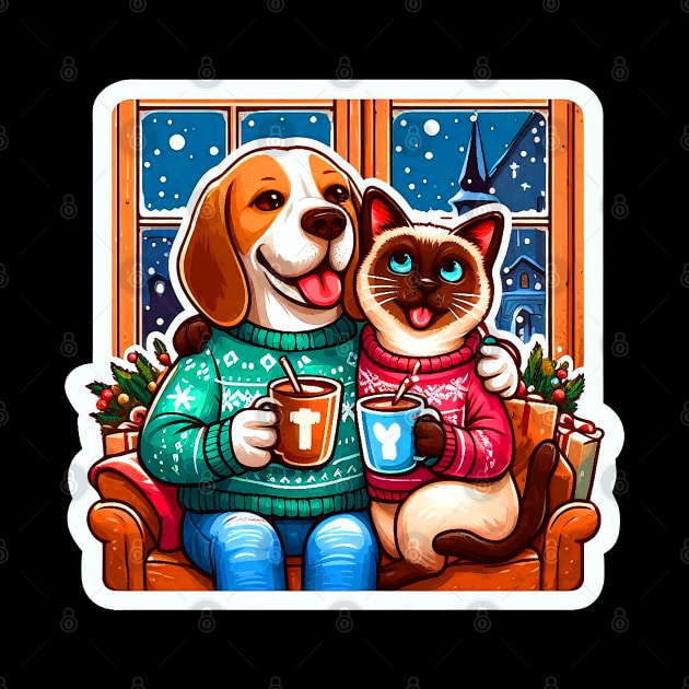 Most Wonderful Time Of The Year Beagle Dog Siamese Cat Ugly Christmas Sweater Hot Chocolate Home Snowing by Plushism