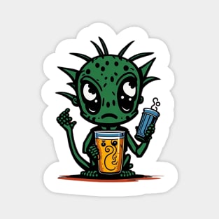 Cute Cartoonish Alien With Beer Mug Magnet