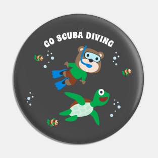 Diving with funny bear and turtle with cartoon style. Pin