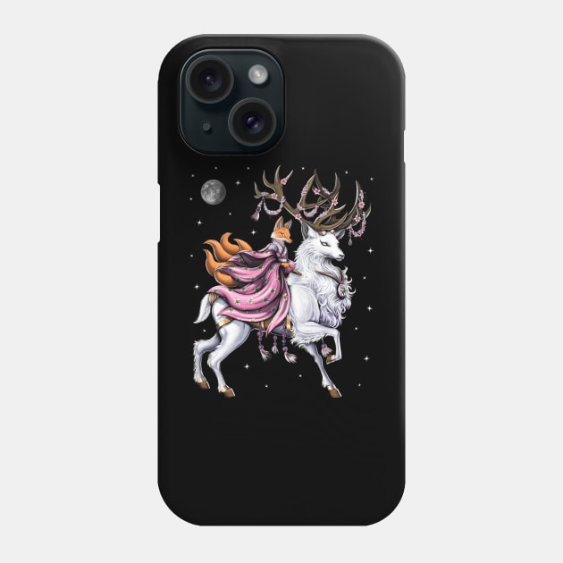 Japanese Kitsune Fox Riding Cherry Blossom Deer Phone Case by underheaven