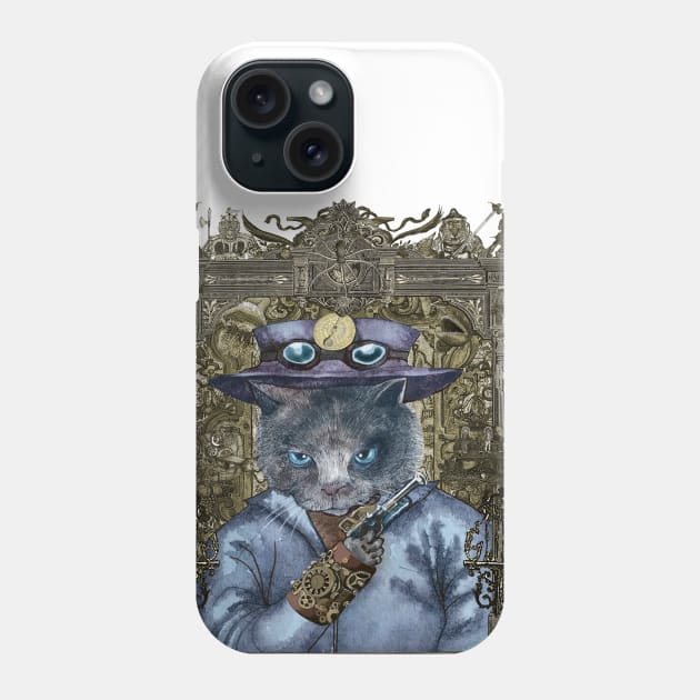 Cat in Blue Leather Jacket with Magical Bracelet in Steampunk Frame Phone Case by FelisSimha