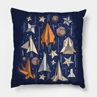 Reaching for the stars // illo // navy blue background ivory grey brown and orange origami paper asteroids stars and space ships traveling light speed Pillow