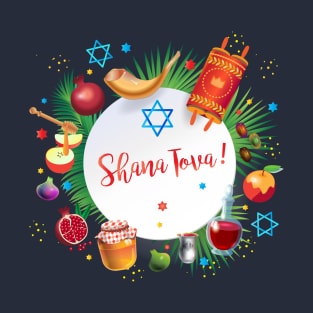 Happy Rosh Hashanah - Shana Tova! Autumn New Year Jewish Holiday Paty. Honey and Apple, Pomegranate, Shofar, Star of David, traditional symbols, torah, shofar, pomegranates, star of David, tropical palm tree leaves. Navy Blue Decoration T-Shirt