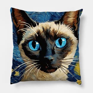 Adorable Siamese Cat Breed Painting in a Van Gogh Starry Night Art Style Pillow