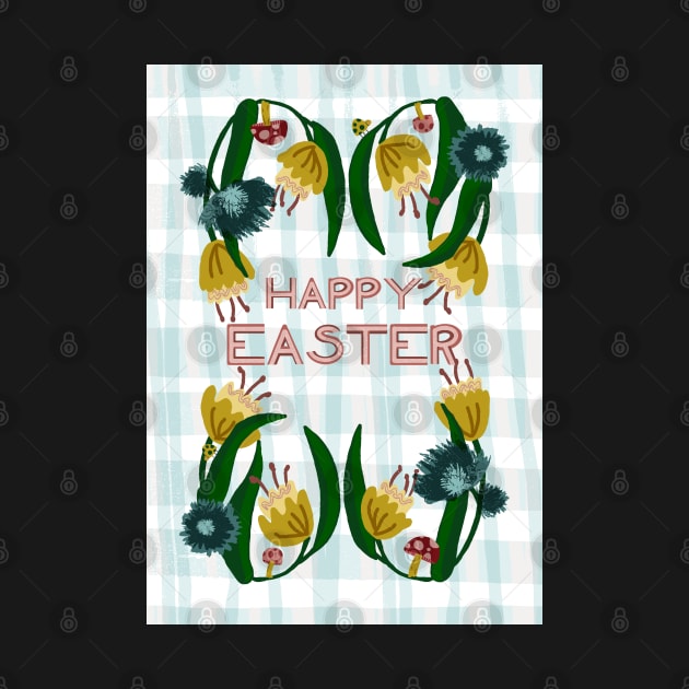 Happy Easter Floral Wreath with Daffodils, Mushrooms, and Ladybugs on Plaid | blue, yellow by Ipoole