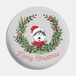 Siberian Husky with Red Santa Hat and Scarf with Green Mistletoe and Merry Christmas Sign Pin