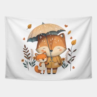 Cute Foxes Sharing an Umbrella blue Tapestry