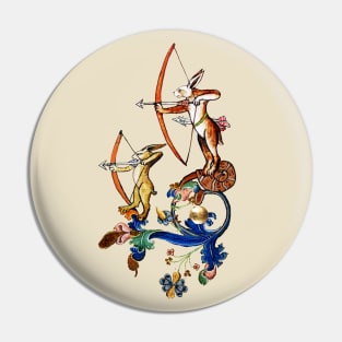 WEIRD MEDIEVAL BESTIARY, ARCHER RABBITS ON FLORAL SWIRLS Pin