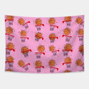 Basketball - Ball and Hoop Pattern on Pink Background Tapestry