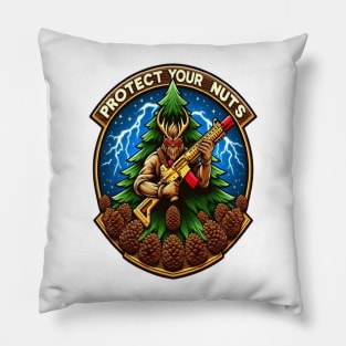 Fierce Cartoon Squirrel Defending Pine Cones With a Toy Gun Amidst Lightning Pillow