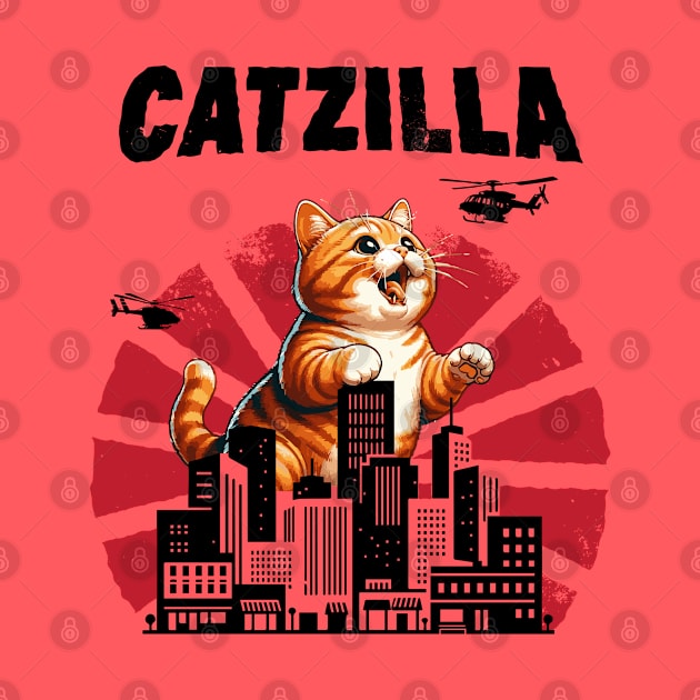 Catzilla Funny Giant Orange Tabby Cute Classic Japanese Film by BraaiNinja