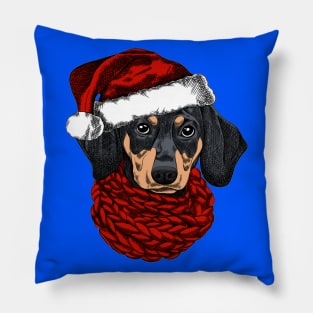 Dachshund dog for a Christmas card. Dachshund with a red knitted warm scarf and a santa hat. Merry Christmas in the year of the dog. New Year's Eve Pillow