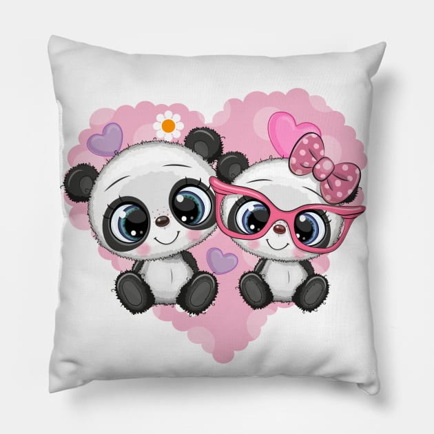 Two cute pandas on a heart background. Pillow by Reginast777