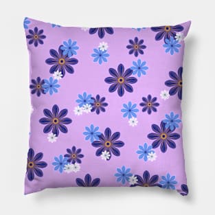 Blue and White Flower Pattern on Purple Background Pillow