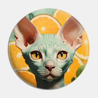 Retro Kitsch Sphynx Cat and Citrus Fruit Collage Pin