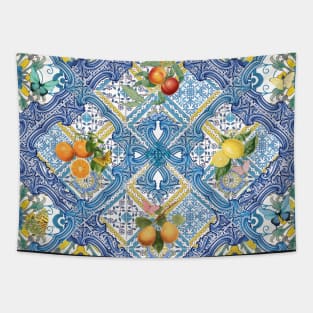 Mediterranean blue tiles, Italian citrus fruit, oranges and lemons Tapestry