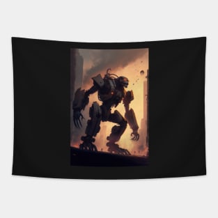 Giant futuristic robot cyborg monster attacking the city Tapestry