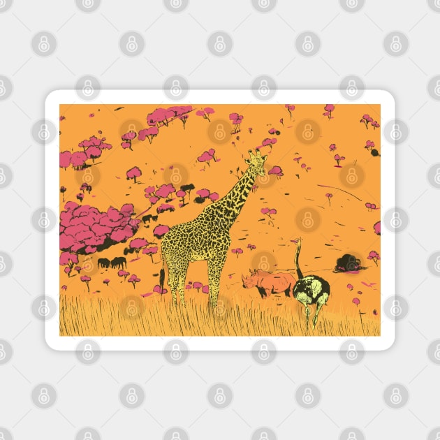 Giraffe, rhinoceros,ostrich in the savannah Magnet by Mimie20