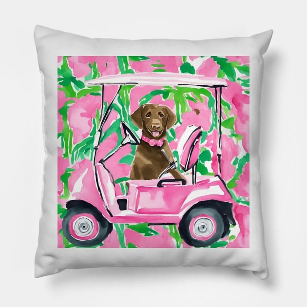 Preppy brown Labrador in a golf cart Pillow by SophieClimaArt