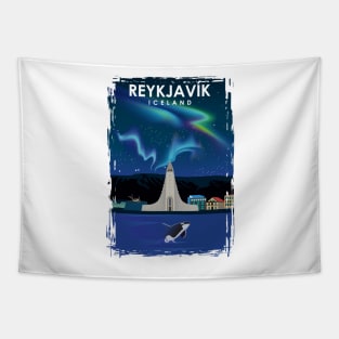 Reykjavik Iceland northern lights Travel Poster Tapestry